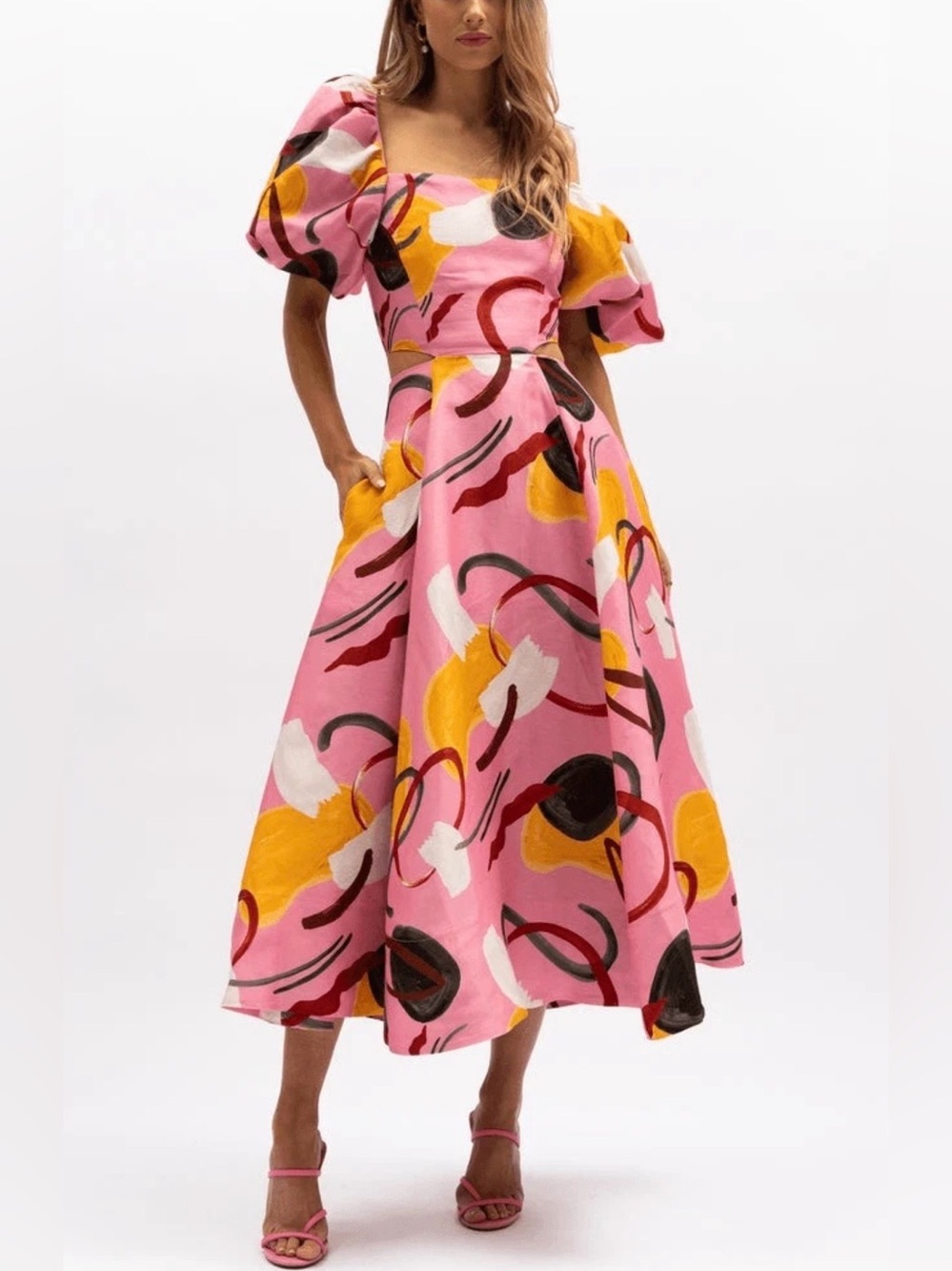 Aureta Studio Pink Abstract Puff Sleeve Cutout Midi Dress NWT Size S Anthro